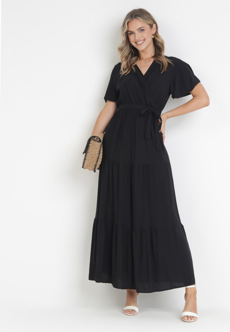 Rochie Neagră Cloș Maxi cu Curea legată Japhelia