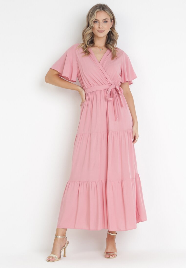 Rochie Roz Evazată Maxi cu Curea Legată Japhelia