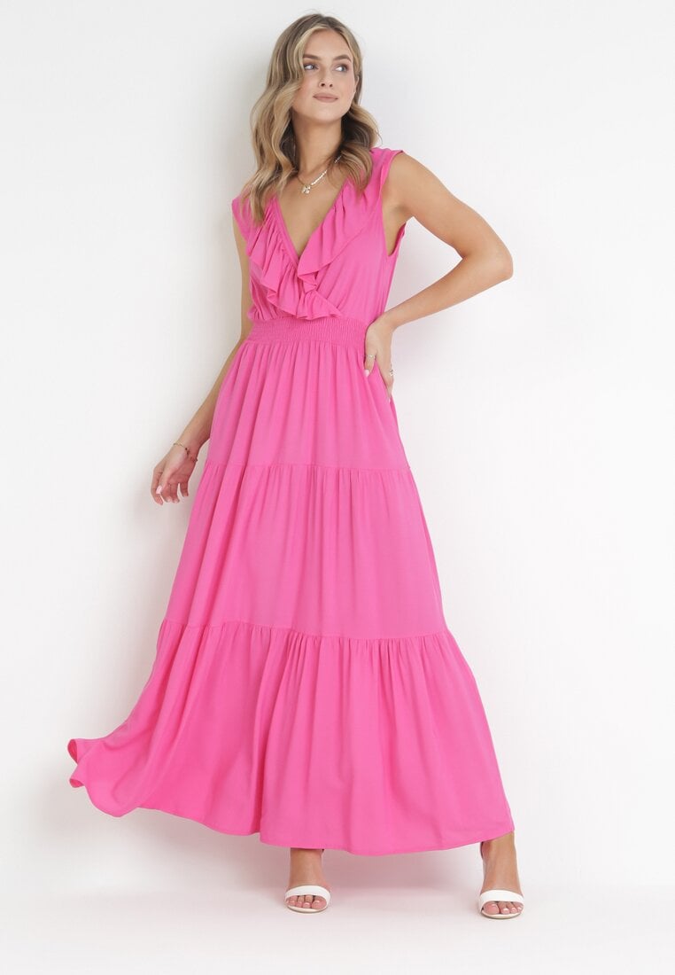 Rochie Fucsia Maxi cu Gumă încrețită în Talie și Legătură la Spate Vaida
