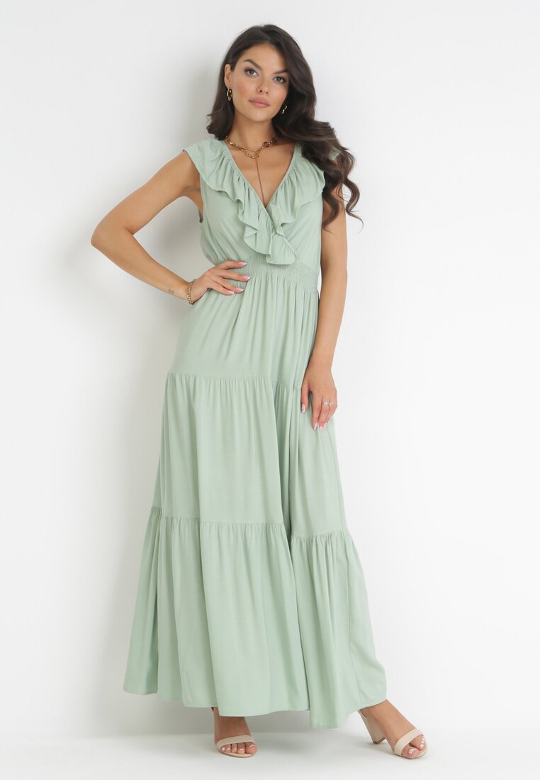 Rochie Maxi Mentă cu bandă elastică încrețită în talie și legătură la spate Vaida