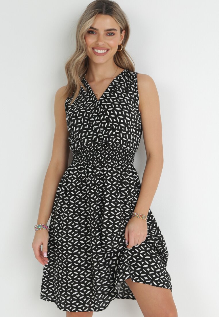 Rochie Midi Neagră din Viscoză cu Elastice Subțiri în Talie și Decolteu Petrecut Manni