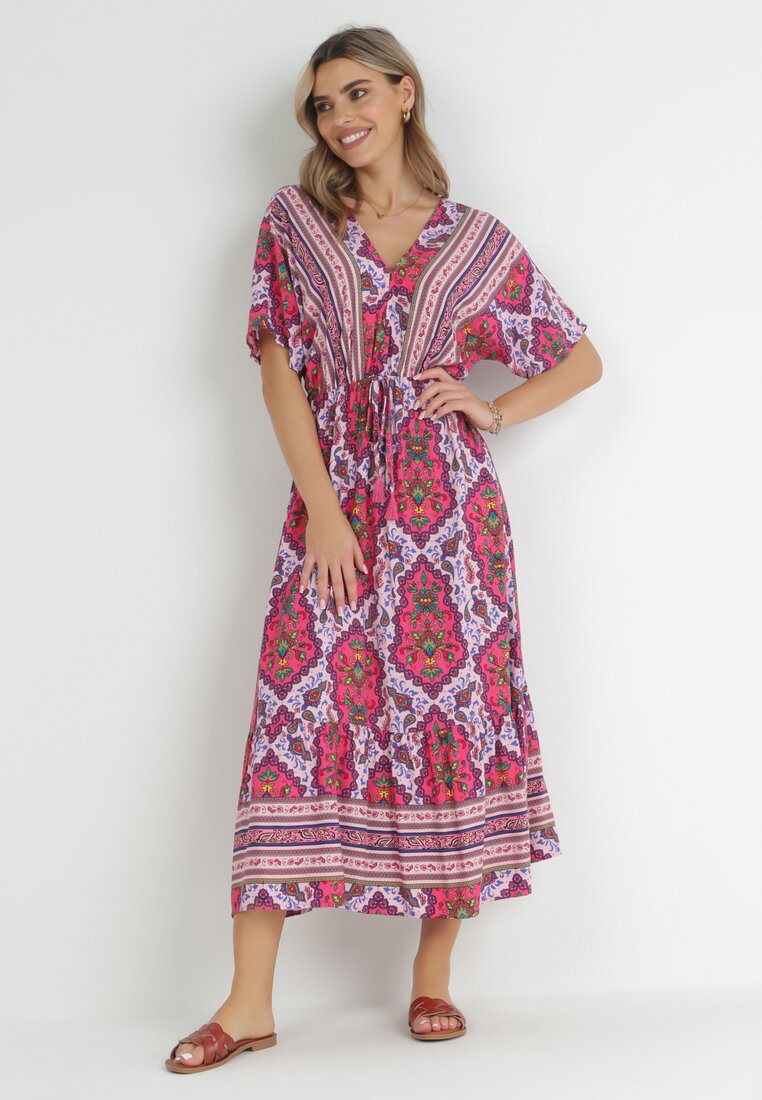 Rochie Fucsia Midi din Vâscoză cu Elastic în Talie cu Mâneci Largi Damatia