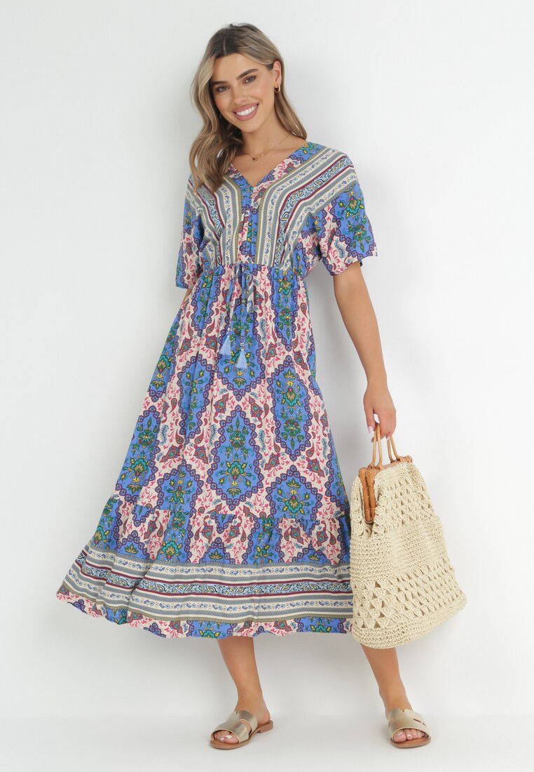 Rochie Albastră Midi cu Viscoză cu Elastic în Talie cu Mâneci Largi Damatia