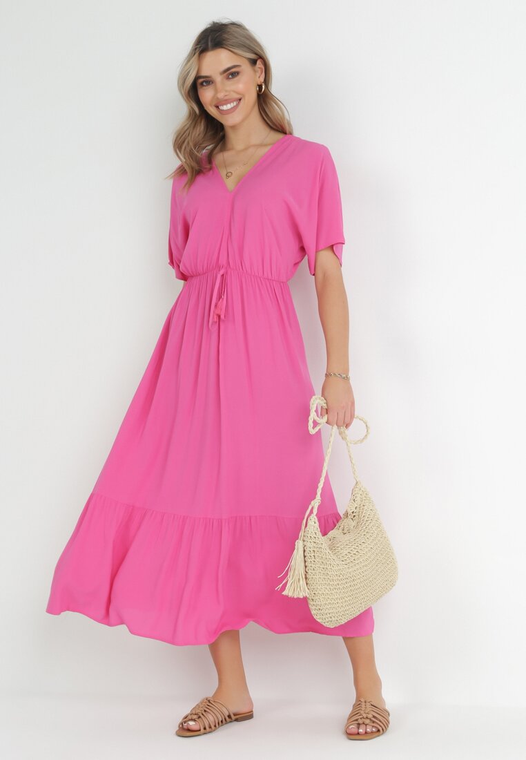 Rochie Fucsia Evazată Maxi cu Elastic și Șnur în Talie din Viscoză Baneta