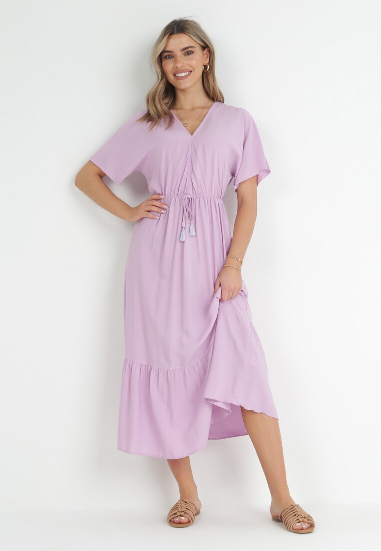 Rochie Violet Cloș Maxi cu elastic și șnur în talie din Viscoză Baneta