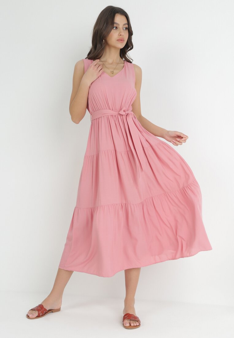 Rochie Midi Roz din viscoză cu elastic în talie și curea din material Bicuh