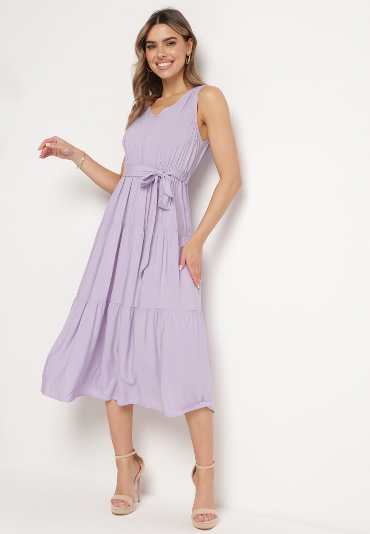 Rochie Midi Violet Vâscoză cu Elastic în Talie și Curea din Material Bicuh