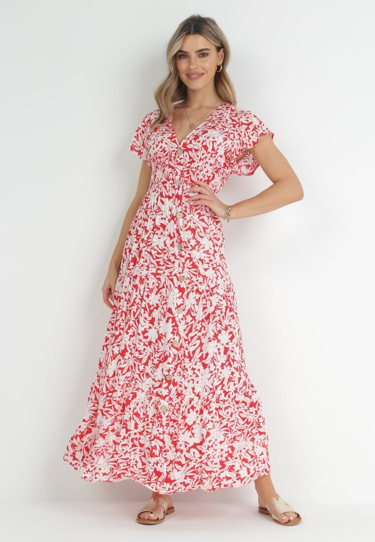 Rochie Roșie Cloș Maxi din Viscoză cu Elastic în Talie cu Nasturi Denim