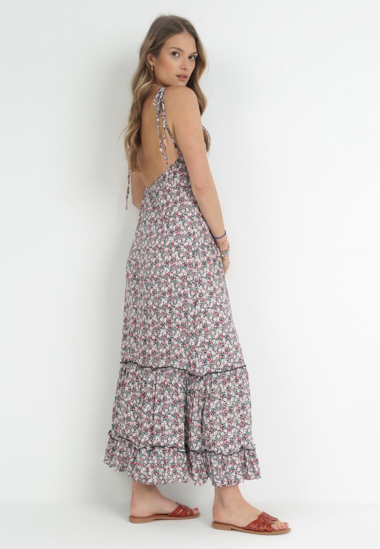 Rochie Verde-Albă Cloș cu Bretele Legate și Spate Decupat Ratta