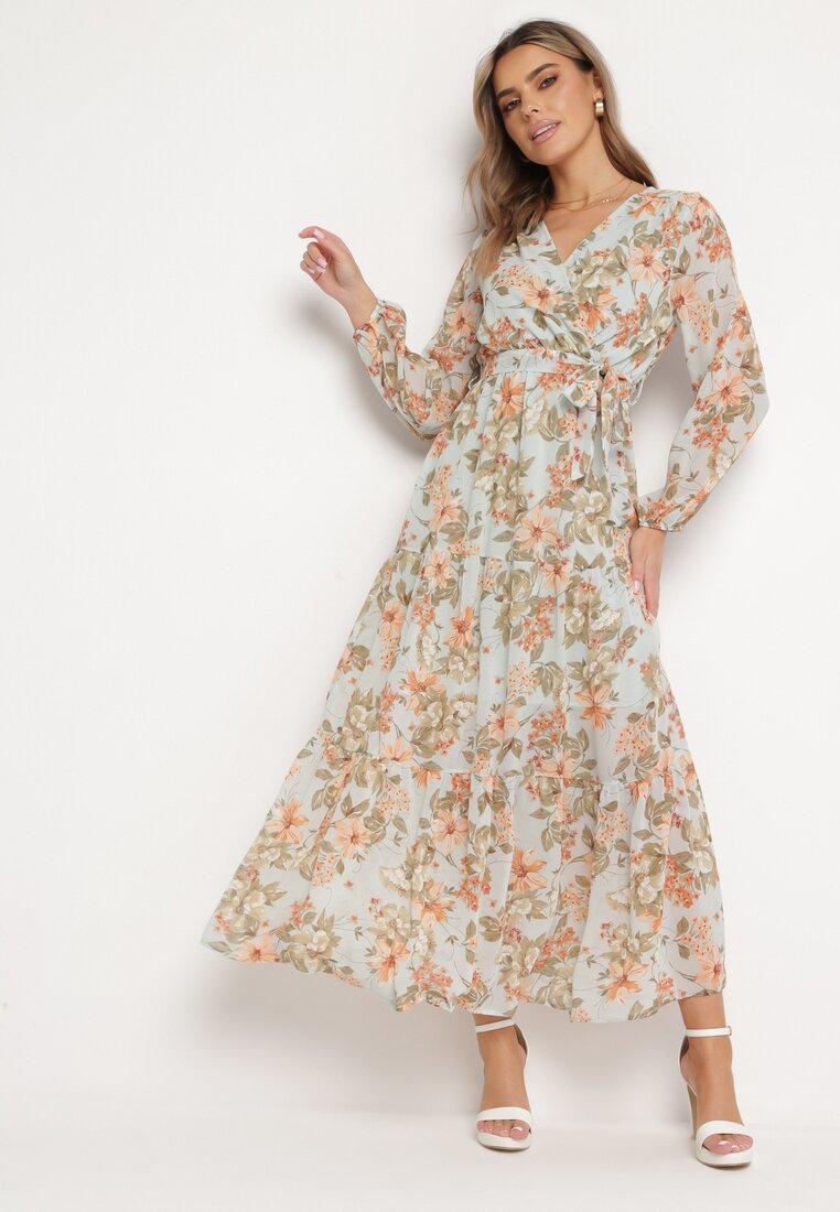 Rochie Evazată Mentă cu flori Maxi, cu elastic și legătură în talie Manirisa