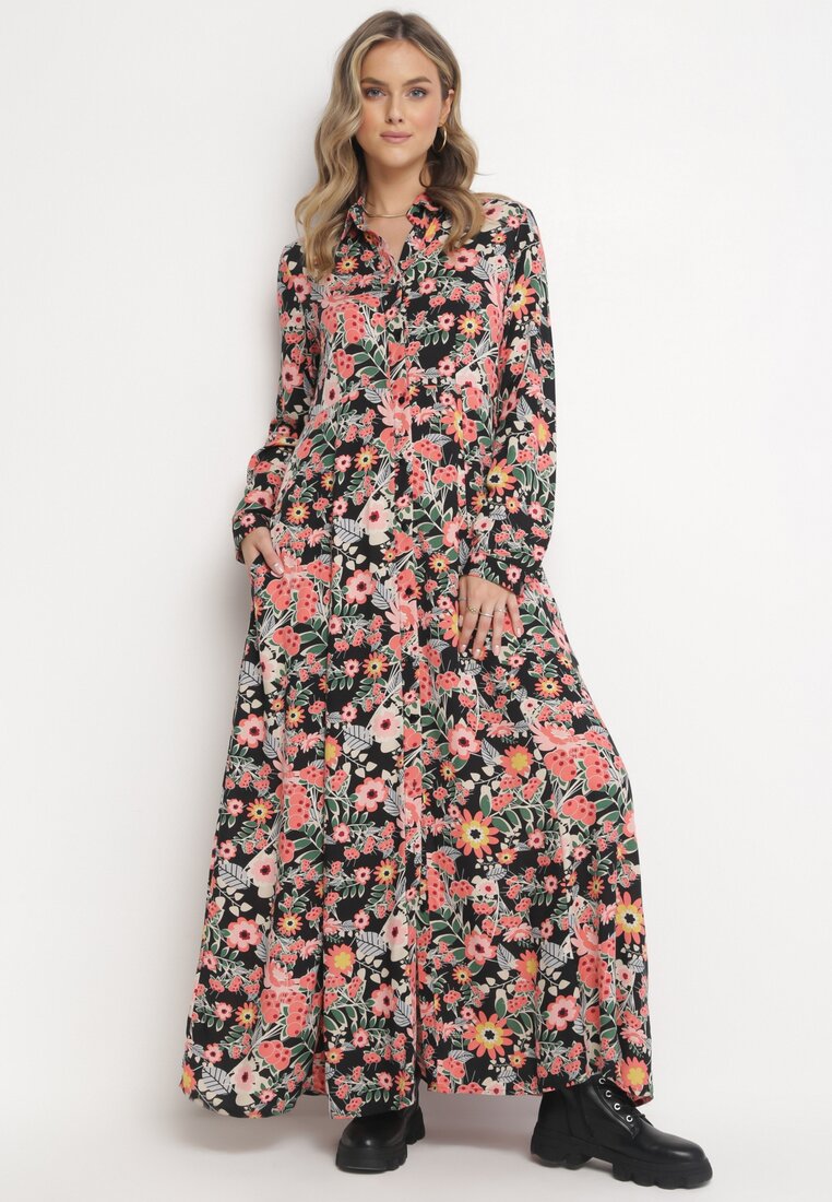 Rochie Negru-Roșie Evazată Maxi Tip cămașă Cu flori Moonsee