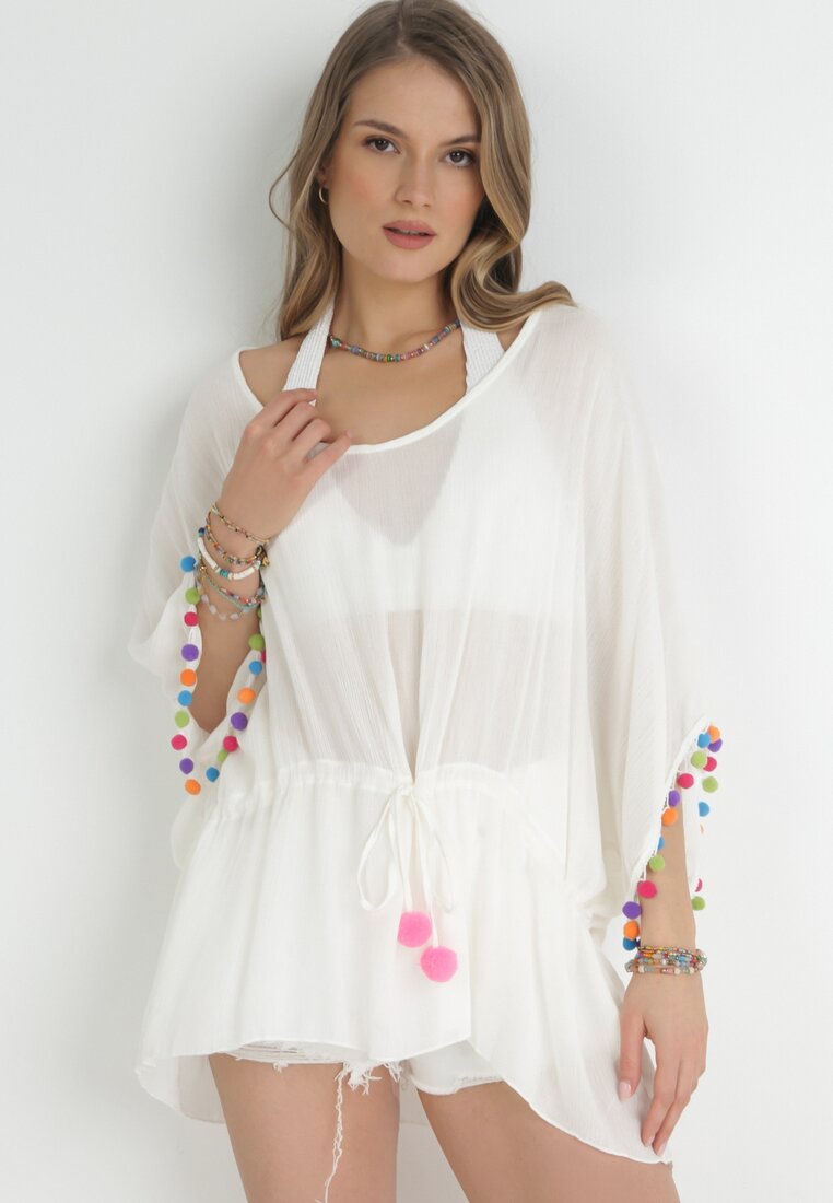 Bluză Suprapusă Albă Oversize cu Bordură elastică și Pompoane Bronnan