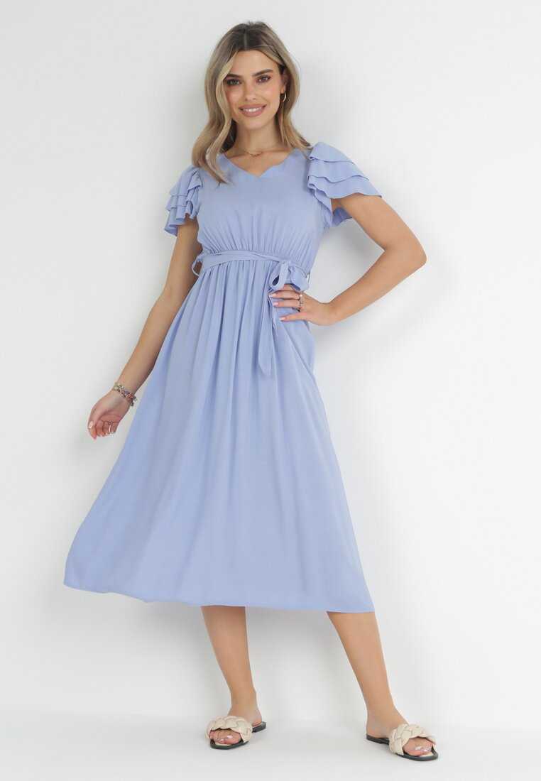 Rochie Midi Albastră din Viscoză cu Elastic în Talie și Curea din Material Aricia