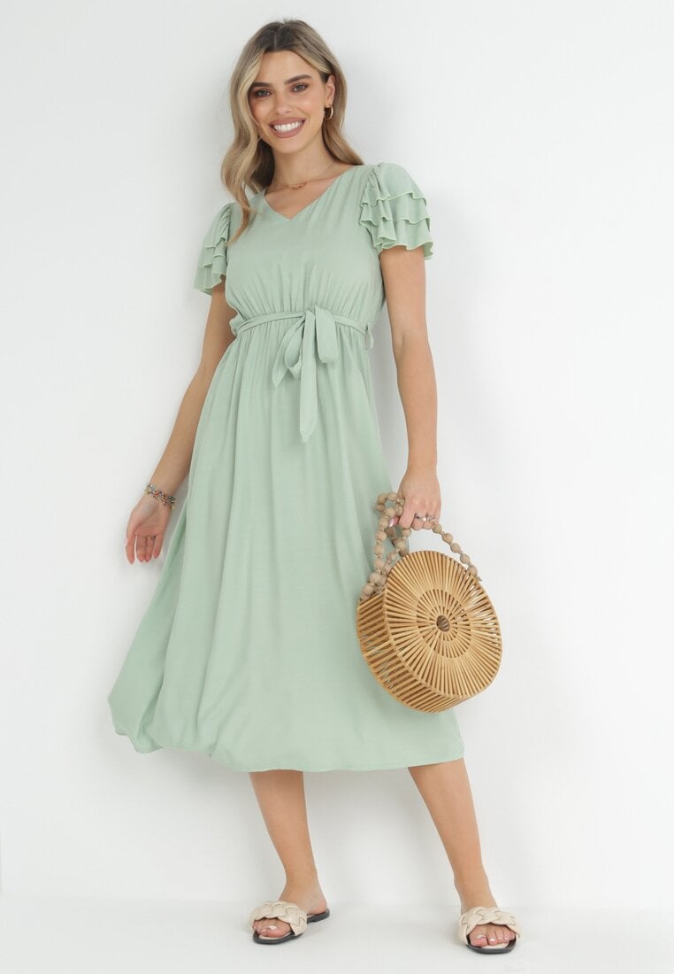 Rochie midi Verde deschis din Viscoză cu Elastic în Talie și Curea din Material Textil Aricia