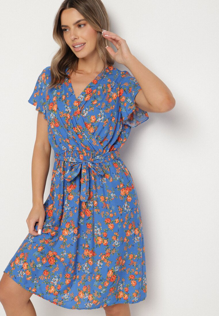 Rochie Albastră Midi din Vâscoză cu Elastic în Talie și cu Mânecă Scurtă Jodys