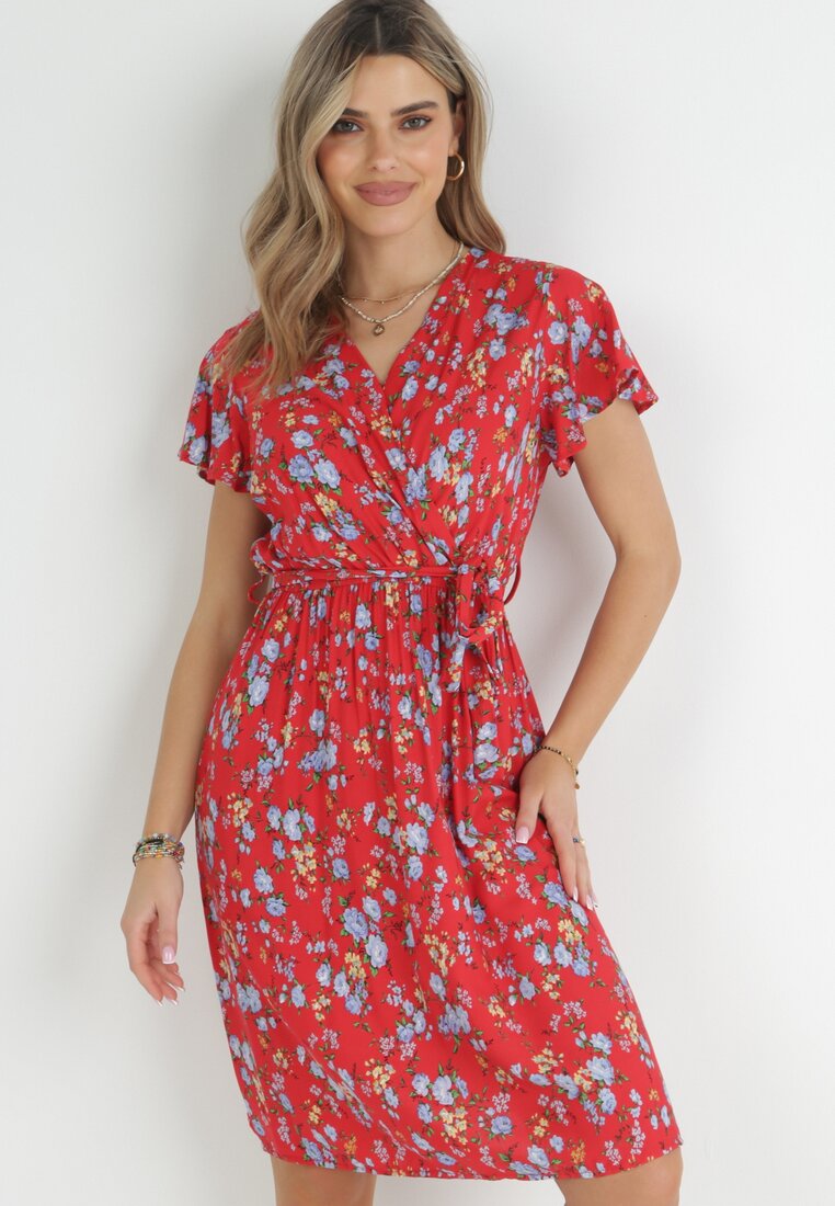 Rochie Roșie Midi din Viscoză cu Elastic în Talie și Mânecă Scurtă Jodys