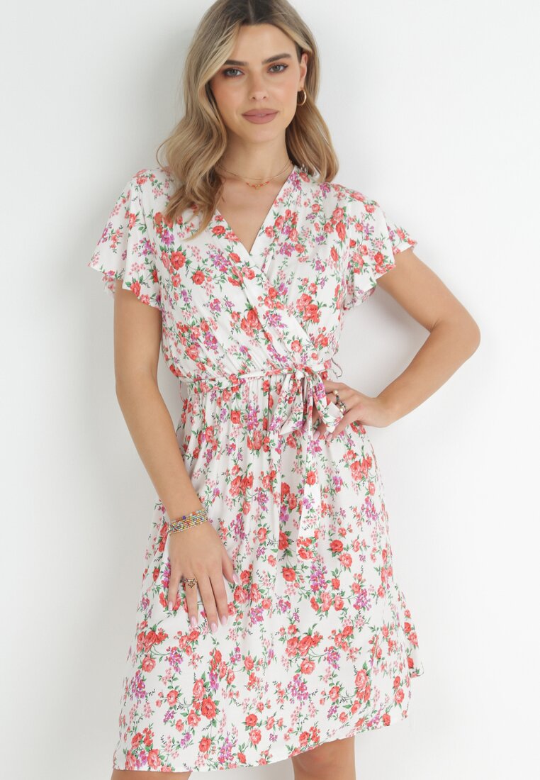 Rochie Albă Midi din Viscoză cu Elastic în Talie și Mânecă Scurtă Jodys