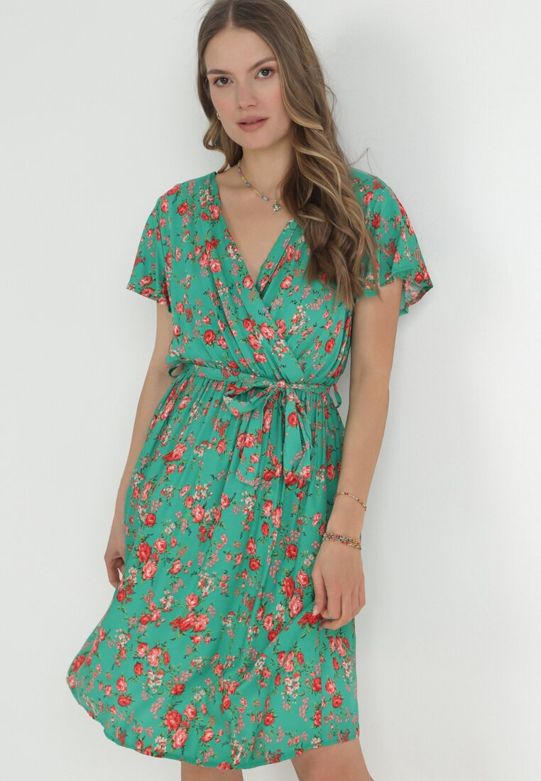 Rochie Verde Midi cu Viscoză cu Elastic în Talie și Mânecă Scurtă Jodys