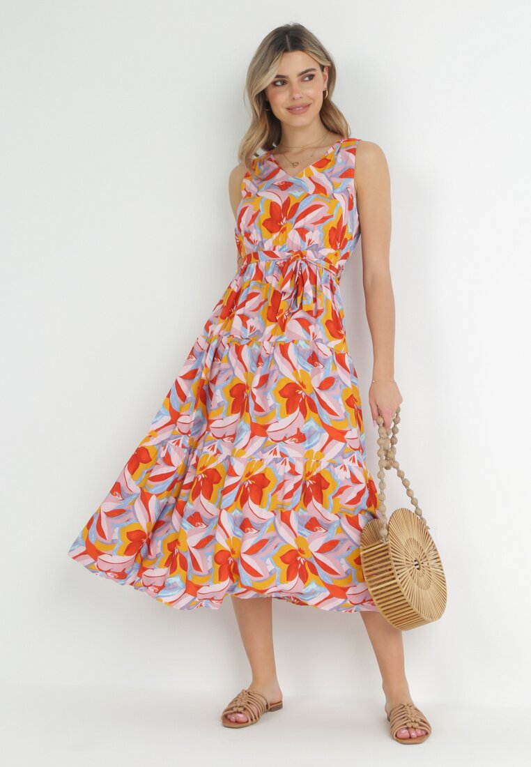 Rochie Cloș Portocalie-Roz cu elastic în talie și cordon din viscoză Keendust