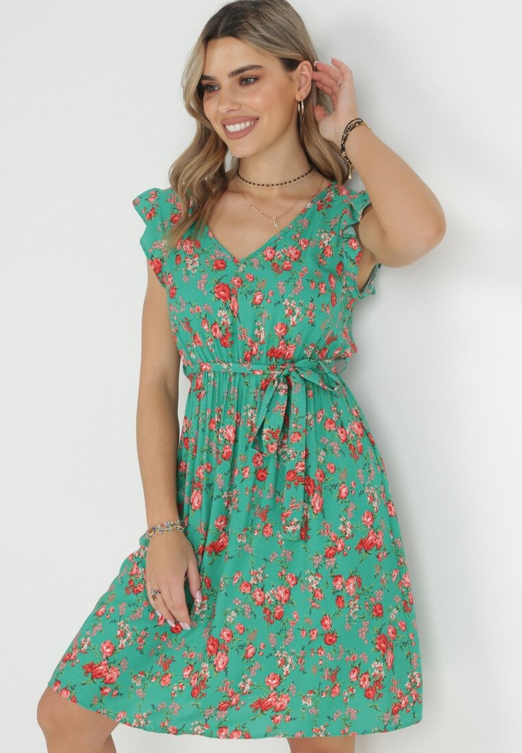 Rochie Verde cu elastic în talie din viscoză cu flori Chrysa