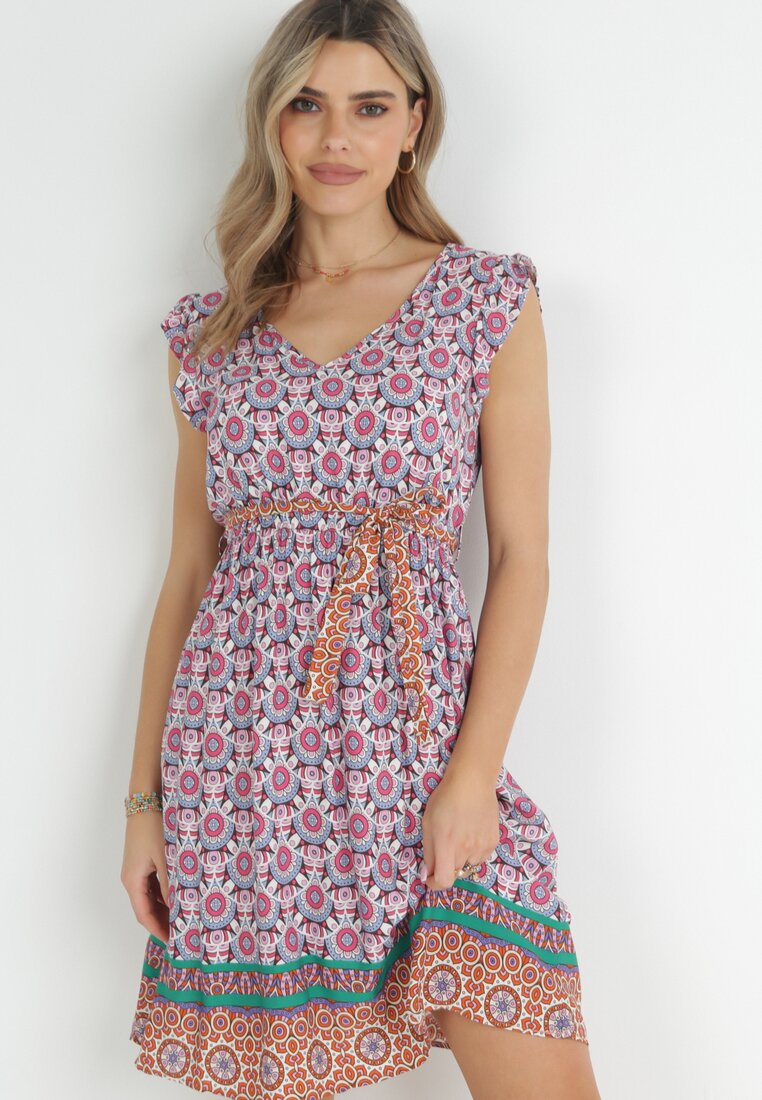 Rochie mini Rozalie din vâscoză cu elastic în talie și centură din material Loizen