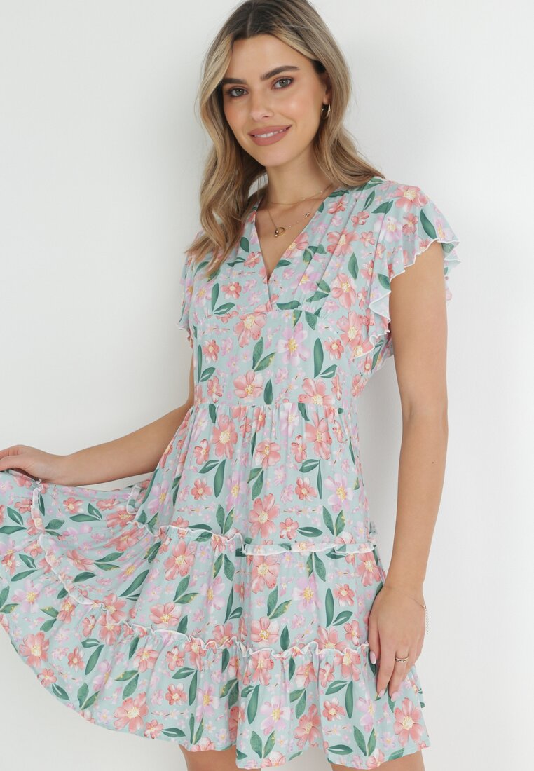 Rochie de mentă cambrată din viscoză cu flori Adomisia