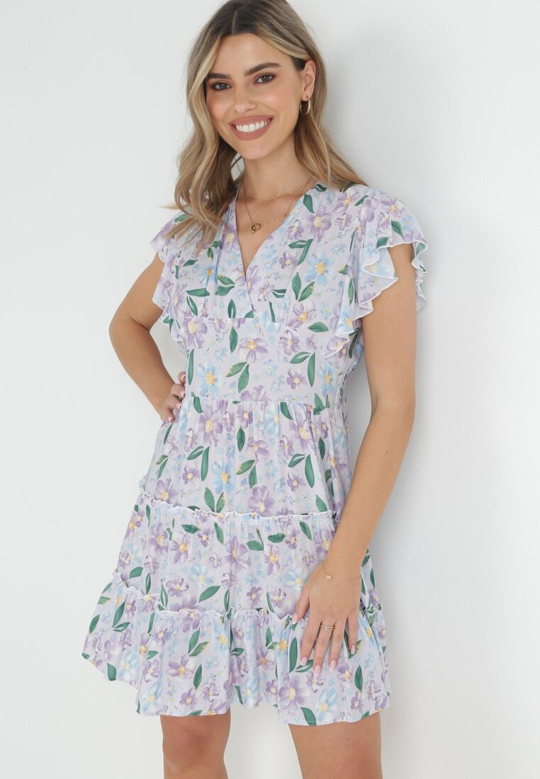 Rochie Mov deschis Cambrată din Viscoză cu Imprimeu Floral Adomisia