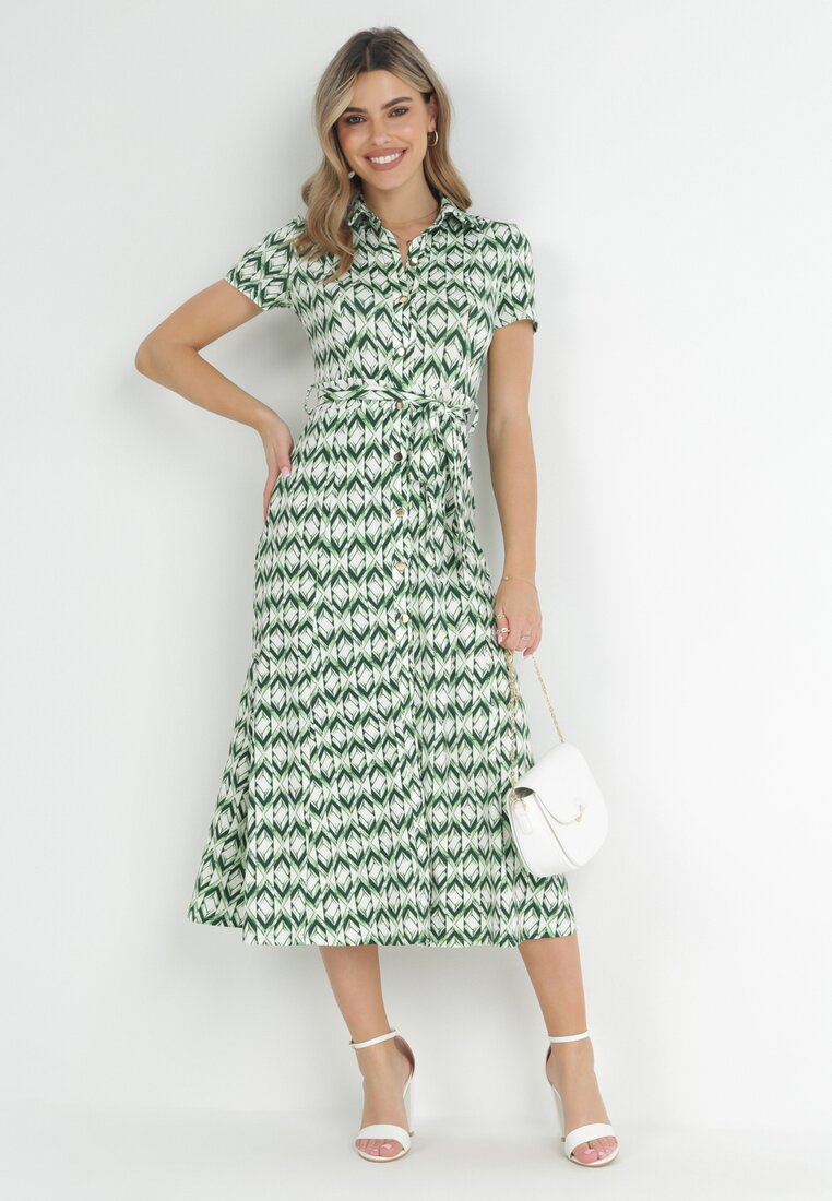 Rochie Tip Cămașă Verde Maxi cu Curea din Material Rainora