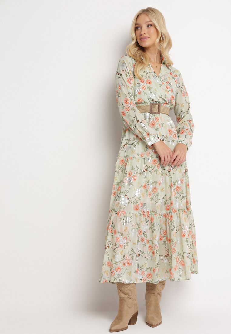 Rochie Maxi Evazată Mentă cu Guler și Curea Împletită Celline