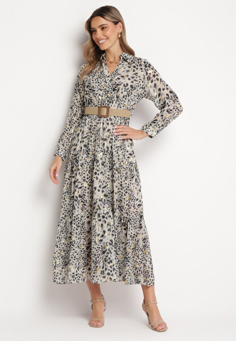 Rochie Maxi Gri cu imprimeu leopard, cu elastic în talie și curea împletită cu cataramă Anandra