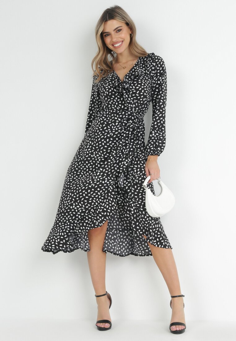 Rochie Neagră tip Plic cu buline cu volane Kaikiran