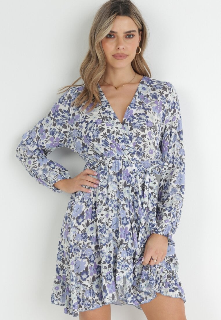 Rochie Mini Albastră cu Decolteu Petrecut și Elastic în Talie Zynicue