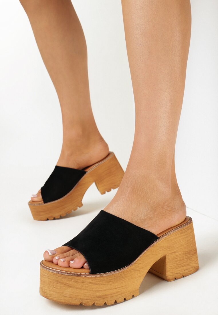 Papuci Negre cu toc gros și platformă cu baretă lată Morga
