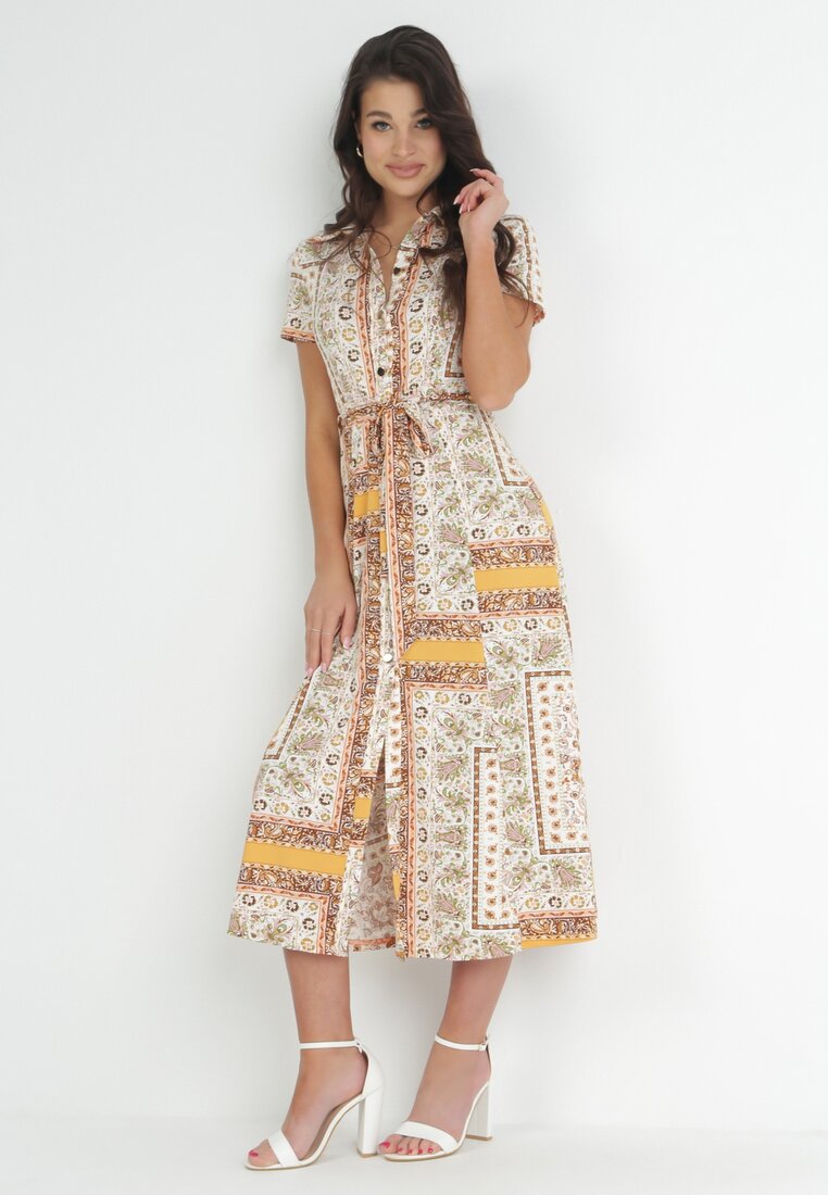 Rochie tip cămașă Alb-Galbenă Imprimată cu centură legată Titarissa