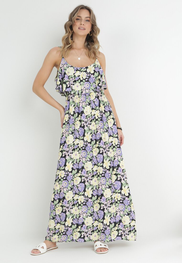 Rochie Violet-Galbenă Din Bumbac Cu Flori Cu Volan Janellie