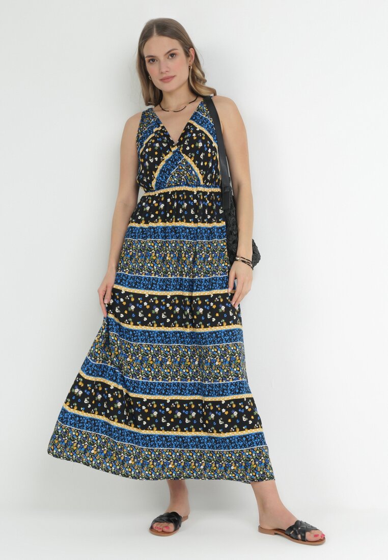 Rochie Maxi neagră și bleumarin din viscoză cu un model fantezist Wellilne