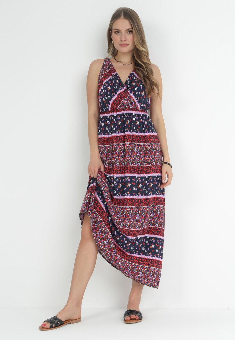 Rochie Bleumarin-Roz Maxi din Vâscoză cu Imprimeu Fantezist Wellilne