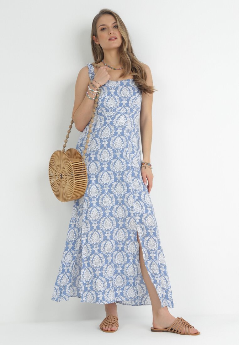 Rochie Maxi Albastră cu Vâscoză pe Bretele cu Elastice Subțiri și Fentă Aviga