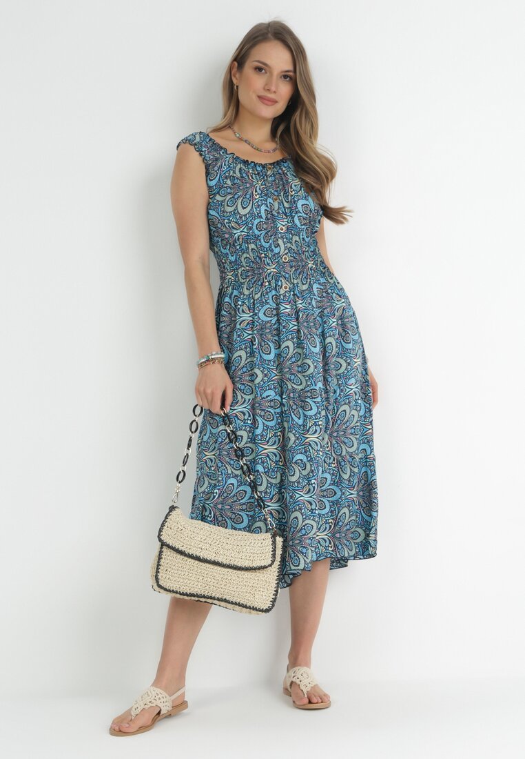 Rochie Cloș Albastră Midi cu bretele late cu elastice în talie Anelanie