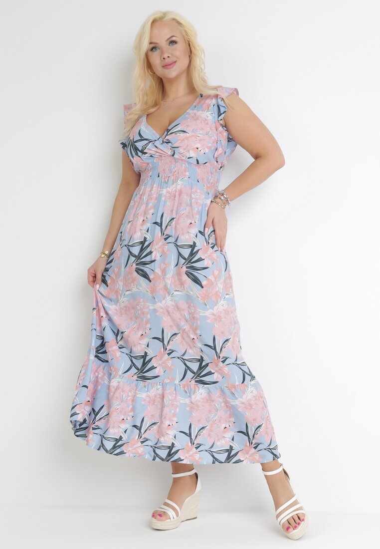 Rochie Albastră Maxi cu Elastice în Talie și Decolteu petrecut Elysa