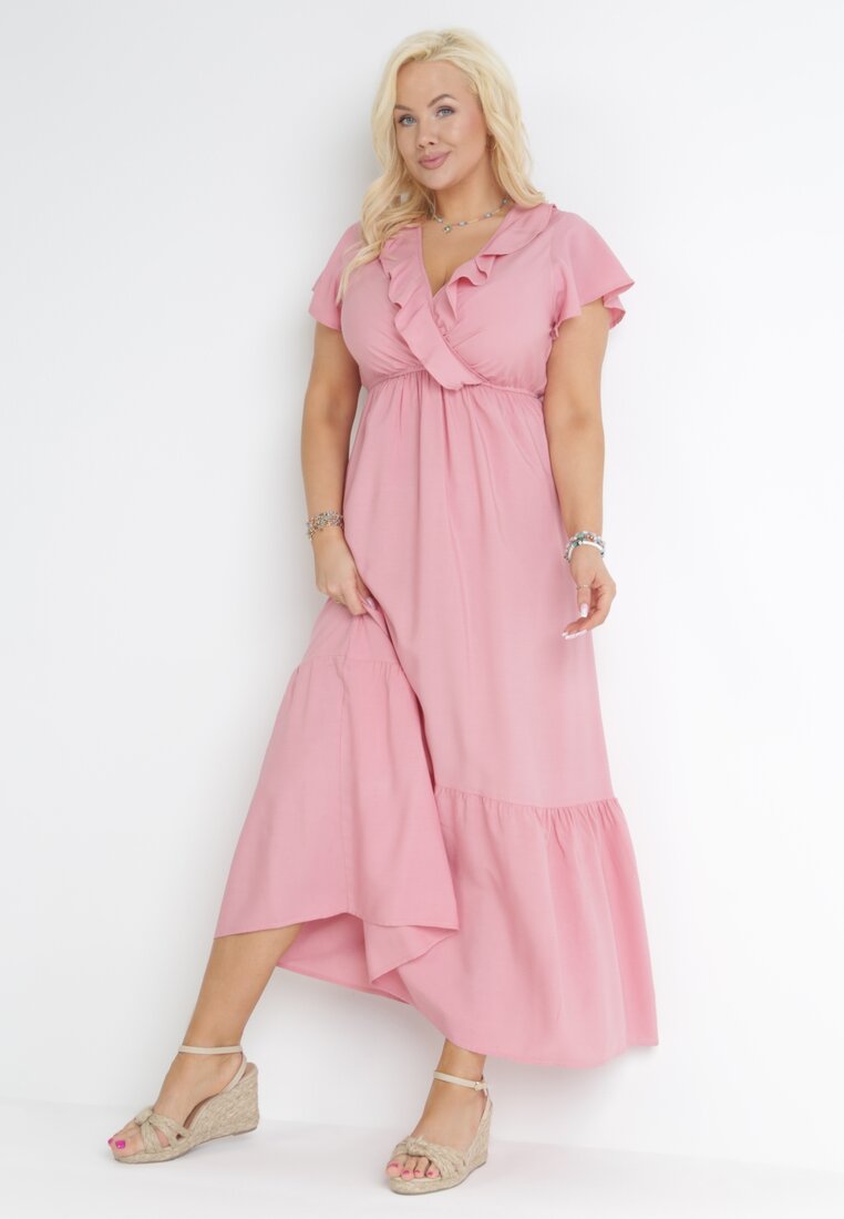 Rochie evazată roz maxi cu elastic în talie și cu volane Aimelia