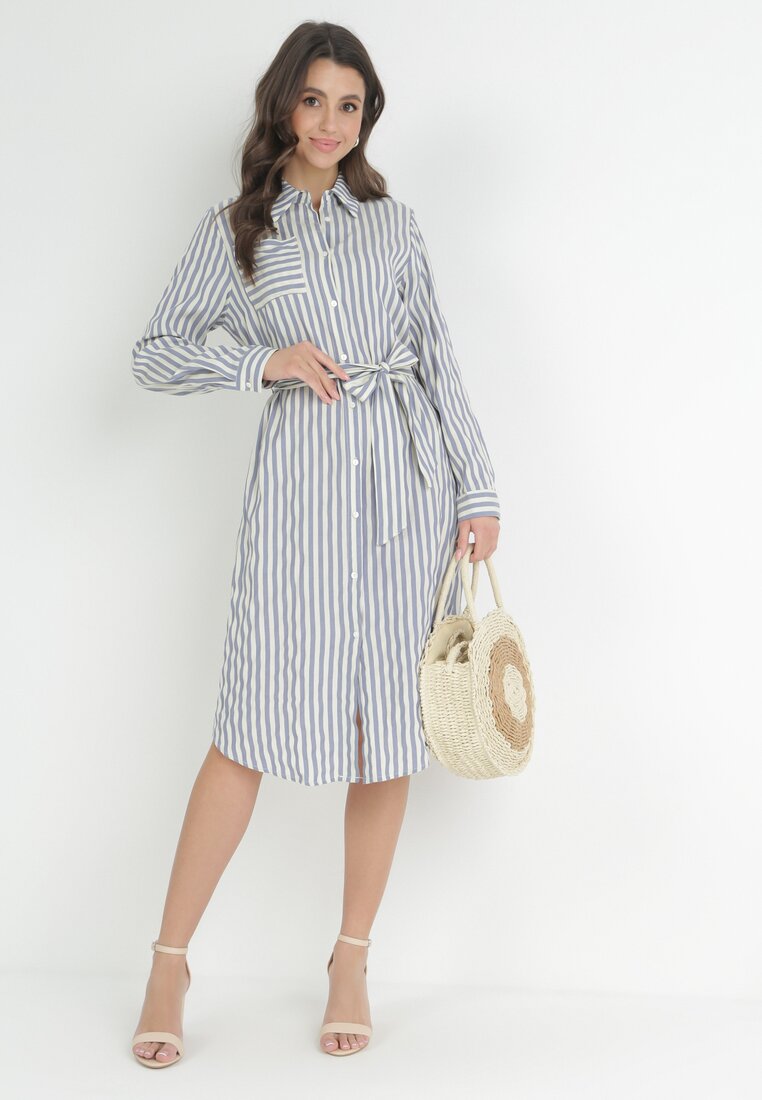 Rochie Cămașă Albastră din Bumbac cu Dungi Ditya