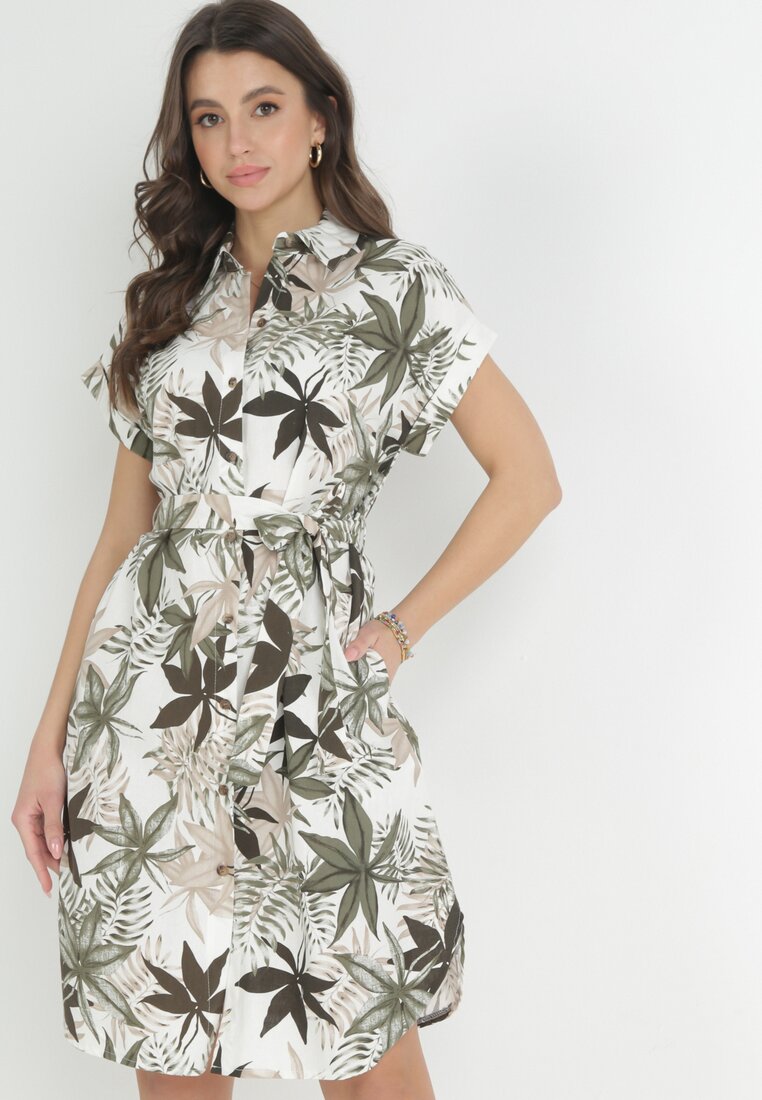 Rochie Verde închis Tip cămașă Mini cu centură din material din bumbac cu model Besana