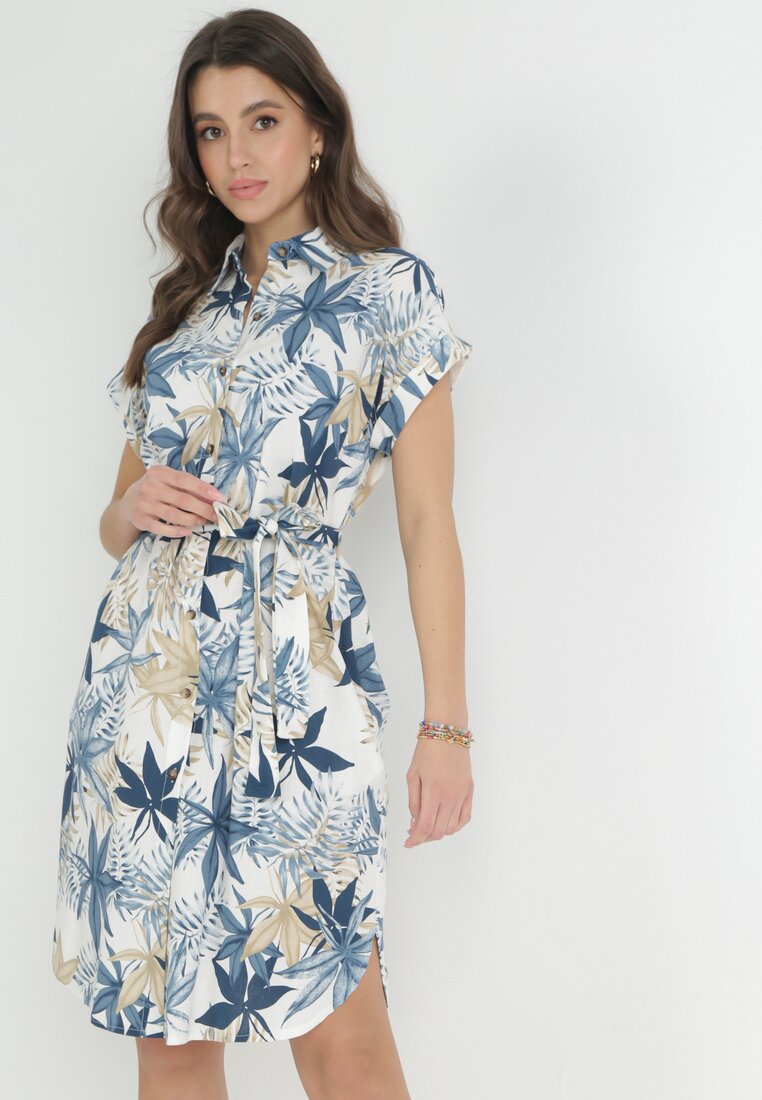 Rochie Mini Tip Cămașă Albastră cu Curea din Material din Bumbac Imprimat Besana