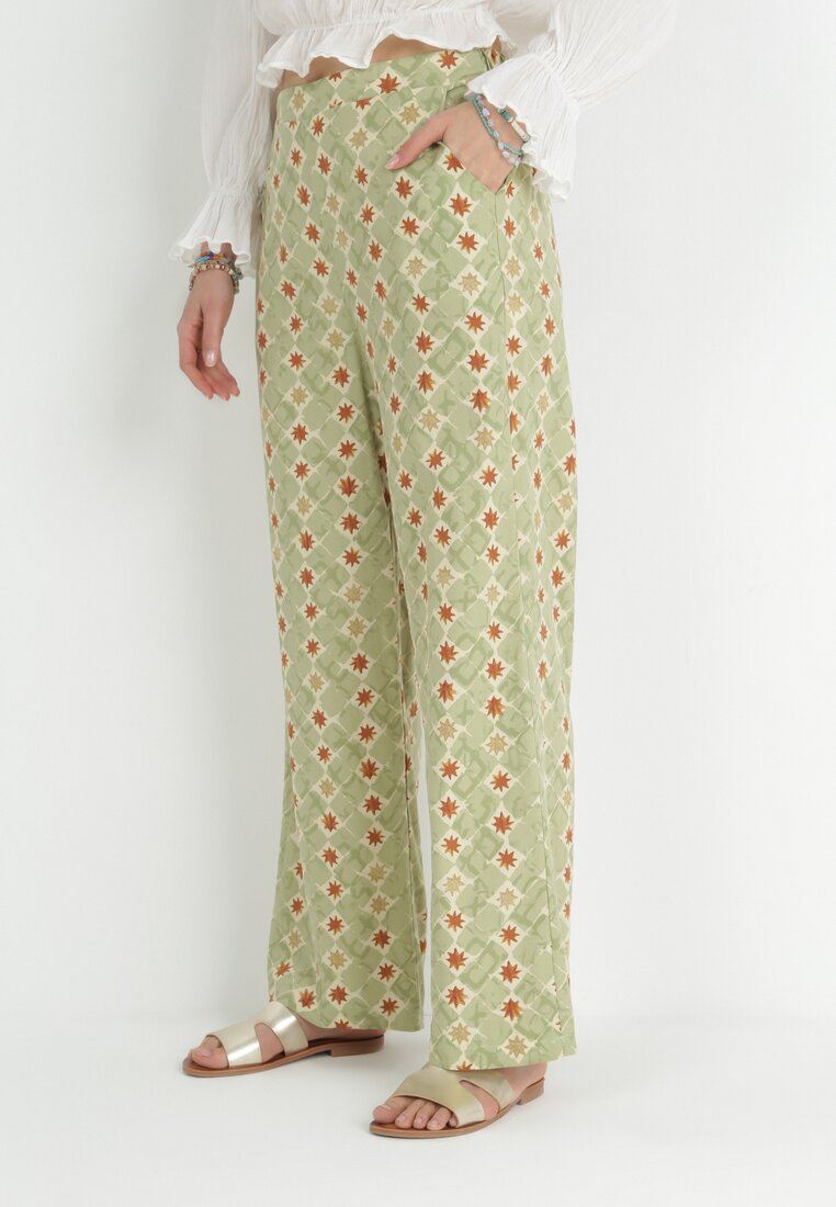 Pantaloni Largi de bumbac verde deschis cu Imprimeu Fantezie Miia
