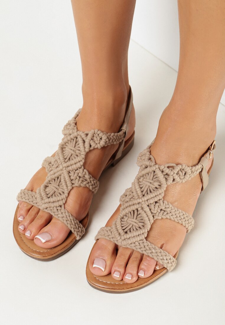 Sandale Plate Bej închis Boho cu baretă croșetată Wolirles