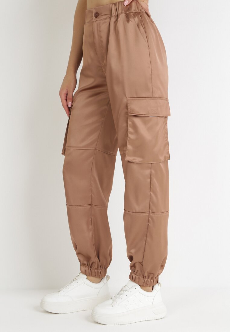 Pantaloni bej închis de bumbac Joggere cu Buzunare Largi Romia