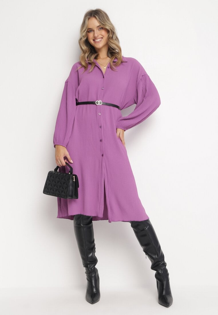 Rochie cămașă mov midi din țesătură plisată cu nasturi Safira