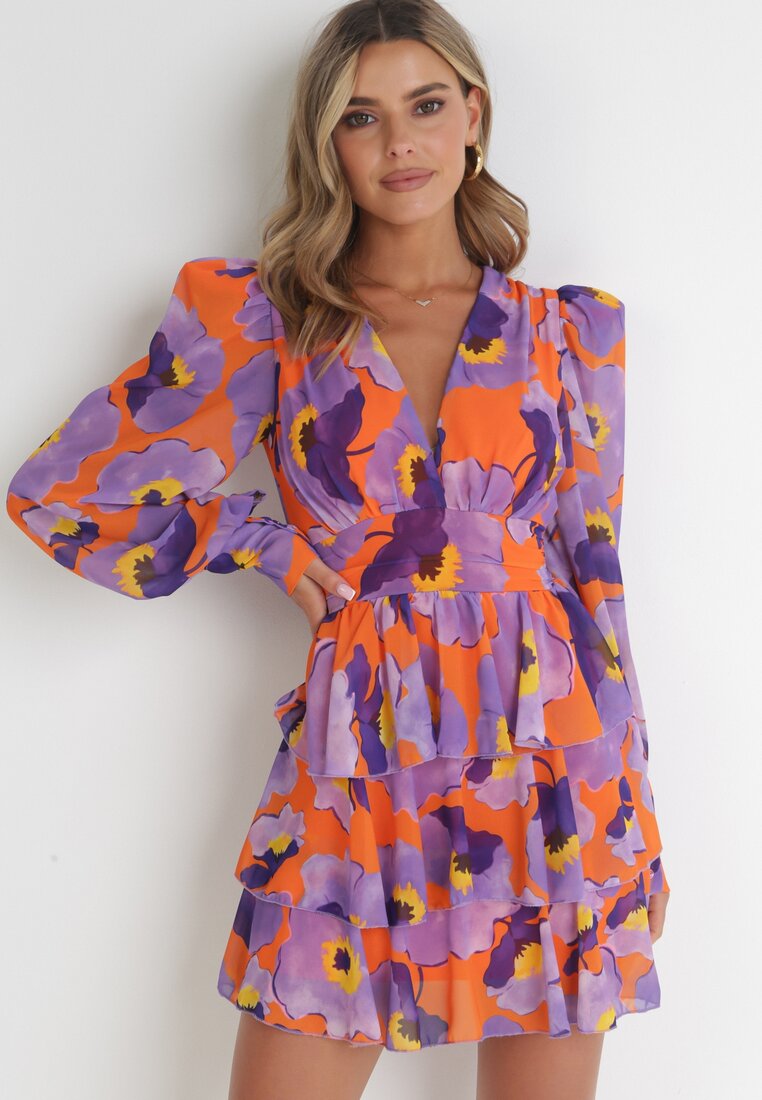 Rochie Mini Mov cu elastice subțiri în talie și mâneci largi Jakaria