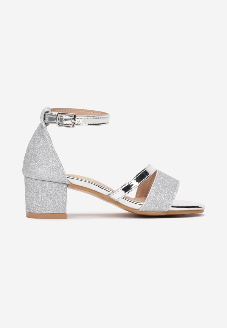 Sandale Argintii Lăcuite cu Toc Bloc Jos cu Inserții cu Sclipici Molmes